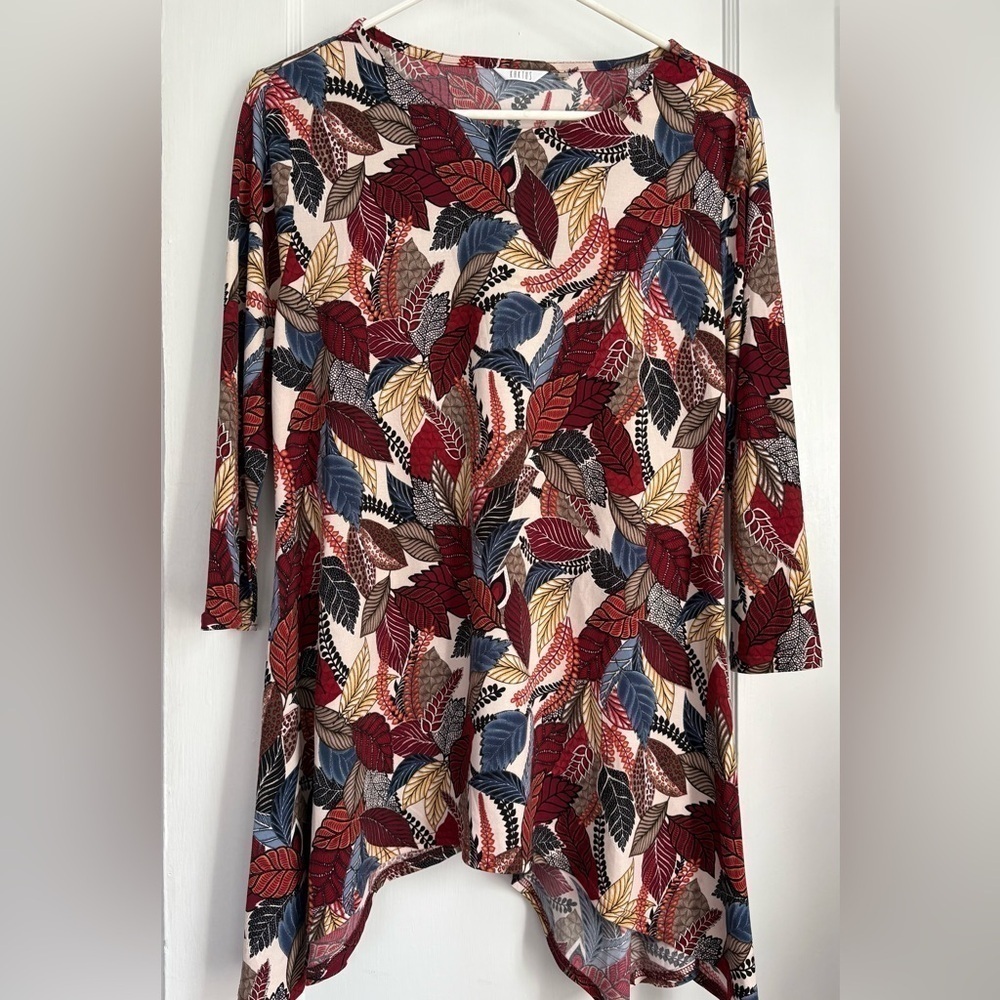 Kaktus Leaf Print 3/4 Sleeves Tunic high and Low Women's Top Blouse, Size: Small